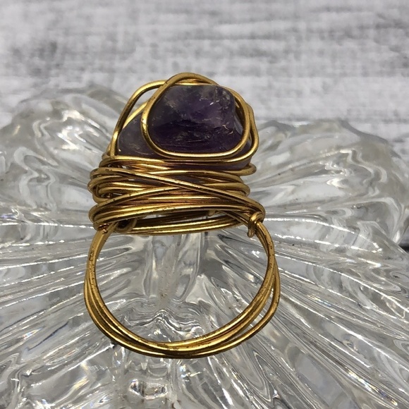 Artisan handmade rustic handcrafted chunky amethyst wire wrap statement ring. - Picture 2 of 6